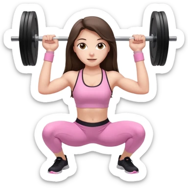 white happy brunette teen long hair with hazel eyes in light pink workout clothes holding a barbell bending over sticker