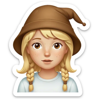 blonde girl with freckles wearing a poop hat sticker