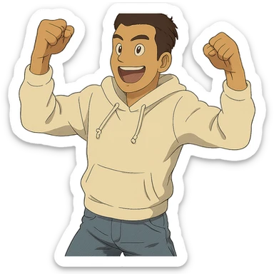 1 male, mid fade haircut dark chestnut brown hair, lighter tan skin, white athletic hoodie sleeves up, faded fashion jeans, red fashion-sneakers shoes, pose from my hero academia:  A portrait showing him saying : "I love that!" sticker