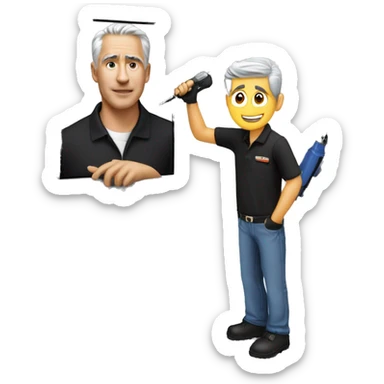 Technician with grey hair wearing a black polo shirt installs a TV onto a white wall of an exhibition Booth using a screwdriver sticker