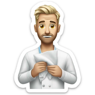 A guy who is sick holding a napkin￼ sticker