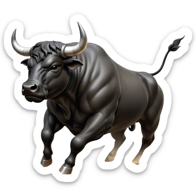 ​Cinematic Realistic Black Charging Bull, depicted in mid-charge with a powerful, muscular form and glossy black hide glistening under dynamic dramatic lighting, dust and motion captured mid-air to exude raw strength and unbridled energy on an expansive arena, sticker