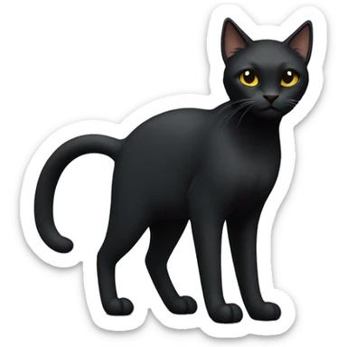 Petite, solid black cat with sleek fur, light yellow eyes, and small black tufts of pointed hairs at the very tips of he ears only, blending in with her black fur. Full body, no white markings sticker
