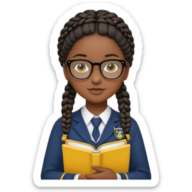 Girl student wearing uniform, glasses, hold yellow book in front of their chest, black braided hair, dark skin sticker