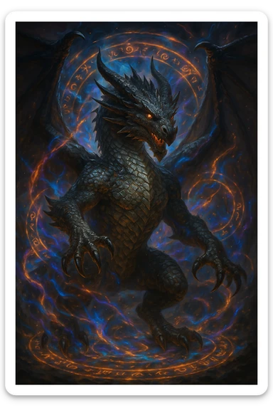realistic dragon with magical energy swirling around, fantasy style, detailed and dynamic sticker