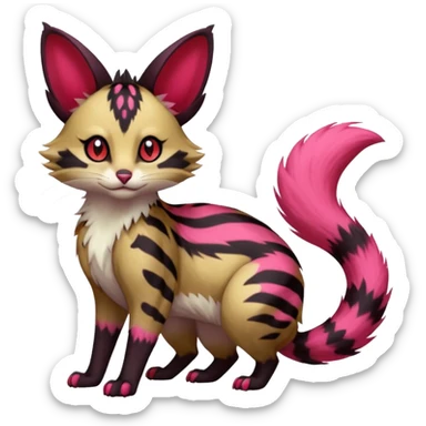 Hyper realistic  void-black fur haunted by crimson neon pulse-lines like living circuitry beautiful elegant pretty precious cute  Fakémon-Pokémon-opossum-feline-serval-caracal-chinchilla-Furret-Minccino-hybrid-creature with a big fluffy bushy tail (full body) sticker