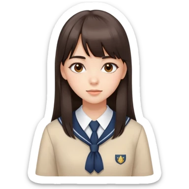 Attractive female student with long straight dark brown hair with bangs, beautiful school uniform, subtle makeup sticker