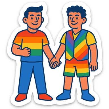two men holding hands, rainbow clothing, smiling, confident, proud, LGBTQ+ theme sticker