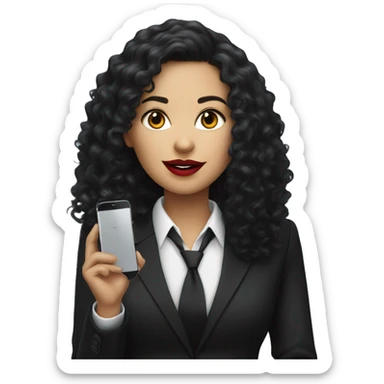 corporate white woman, red lipstick, long black curly hair, with a phone, black shirt, black blazer  sticker