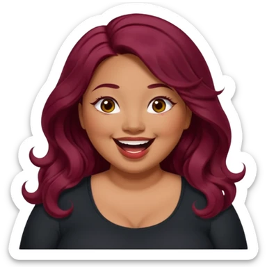 Plus size red hair brown face small eyes long hair Asian eyes small eyes wavy hair eye lashes burgundy hair black shirt laughing small slanted eyes sticker