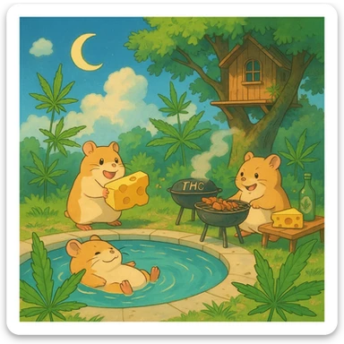 Discord server icon, square format, summer pool cookout with up to 3 hamsters playing and having fun, weed leaves, cheese, THC theme, no disco ball, no Discord logo, near a treehouse, possibly in space, Ghibli style, soft dreamy colors, nostalgic, fun, inviting, summer party vibe, clear composition sticker