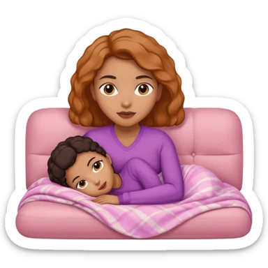 Mixed-race woman with caramel skin, slim thick, lying on a beige sofa with a pastel pink blanket sticker