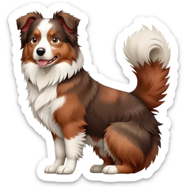 cinematic-[australian shepherd dog]-realistic-full-body-sitting-emoji,-tail-resting-loosely-beside-its-paws,-head-tilted-dramatically,-scruffy-[white faced and red merle]-fur,-simplified-yet-realistic-focused-features,-highly-detailed,-glowing-with-an-almost-sarcastic-glow sticker