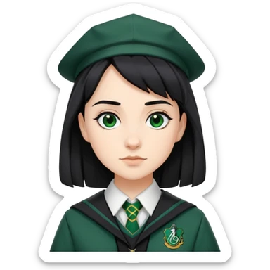 Pansy Parkinson in harry potter, wear hogwarts slytherin uniform, black hair, not wearing hat sticker