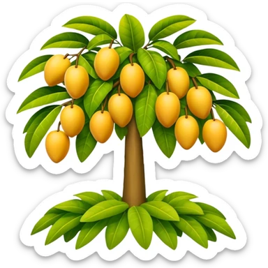 A 3D cartoon mango tree with golden-yellow mangoes visible among dense leaves, sunny atmosphere, Memoji-style rendering. sticker