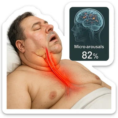 hyper-realistic medical CGI of overweight man in bed, airway narrowed by neck fat, trachea with red heat map, oxygen at 82%, brain scan overlay with micro-arousals, 4K, clinical sticker