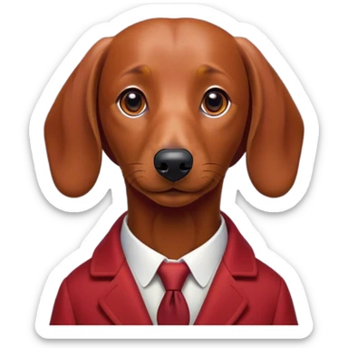 Cinematic Noble Red Dachshund Portrait Emoji, Poised and regal, with a long, low-slung build and a smooth, well-groomed red coat, deep-set soulful brown eyes, Simplified yet sharp and sophisticated features, highly detailed, glowing with a soft, dignified glow, high shine, intelligent and determined, stylized with an air of charm, focused and attentive, soft glowing outline, capturing the essence of a watchful and confident companion, so majestic it feels as though it could slide out of the screen with effortless authority! sticker