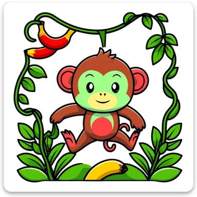 A surreal hybrid creature that is half monkey (top) and half banana (bottom). Green monkey with red facial features on top, and an opened banana peel forming the lower body. In a lush jungle environment with hanging vines and tropical foliage sticker