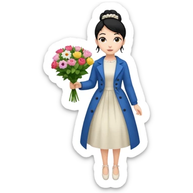 Chica blanca,cuerpo entero, vestido fiesta blanco ,manga larga ,con abrigo, pelo negro,    ramo de flores una mano, pelo recogido en moño alto sticker