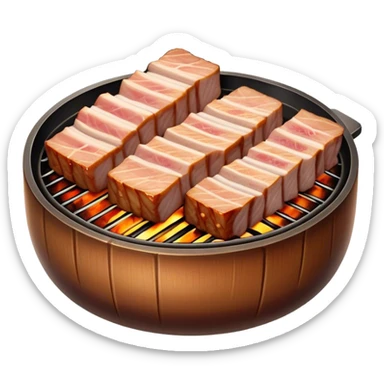 Cinematic Realistic Samgyeopsal Dish Emoji, depicted with sizzling, thick slices of pork belly grilled to perfection rendered with rich textures and warm, inviting lighting. sticker