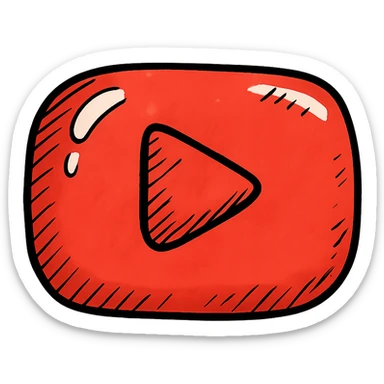 plump rounded YouTube play button logo in red, very soft puffy cartoonish shape, bold black outlines, expressive shadows, glossy highlights, no background, juicy inflated cartoon letter style sticker
