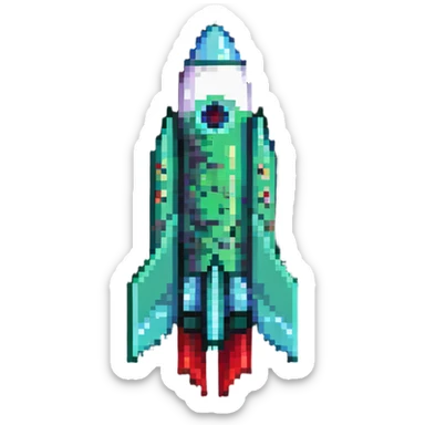 diagonal rocket flying to upper right, green body transitioning to red at the fins, pixel art style sticker