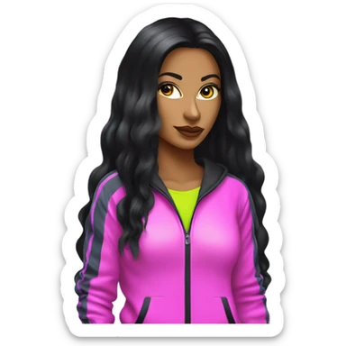 Tanned woman with long black hair, dressed in y2k  hair, makeup, and neon velvet tracksuit attire sticker