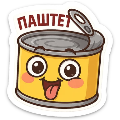 Funny pâté can character, smiling face with big eyes, goofy expression, cartoon style, chubby cute proportions, bright colors, playful illustration, meme-like vibe, text on top "ПАСТЕТ" in Cyrillic, bold and readable sticker