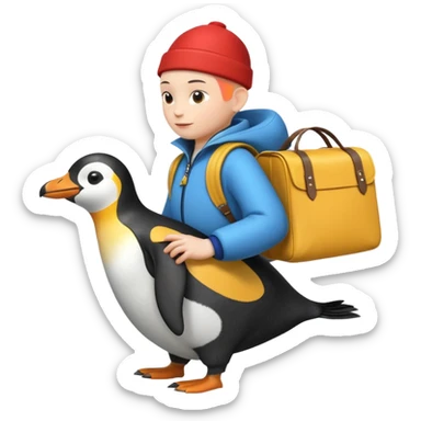 Una persona, vestida con ropa característica de peru sin pelo montado a espaldas de un pingüino con una bolsa de la empresa de reparto glovo en la espalda sticker