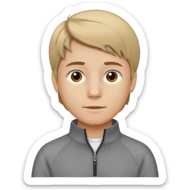 boy with dark blonde hair middle part with a quarter zip and a ' overhemd' underneath sticker