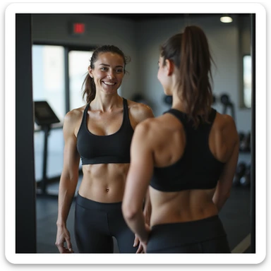 hyperrealistic 4K image of a woman taking a mirror selfie showing her toned abs and proud expression, wearing gym clothes, bright gym environment, detailed fitness progress sticker