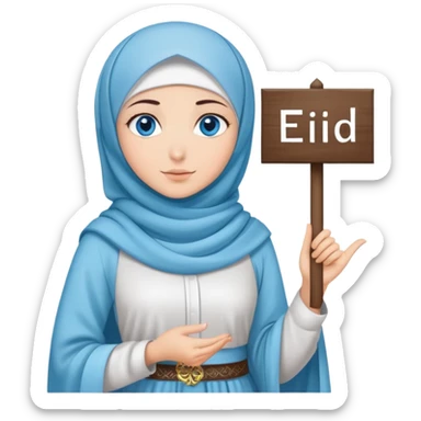 Turkish beautiful finish Konya girl blue eyes with cloudy hijab islamic long tailed dress and had on her hand text Eid Mubarak  sticker