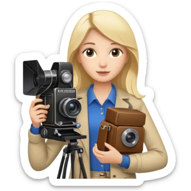 A brunette girl , she’s a proud and successful filmmaker 🍿🌍✨ she’s next to a tall, set camera, / holding awards  sticker