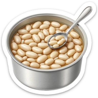 open tin can filled with plump glossy white beans in light slightly starchy broth, smooth oval beans gently piled with natural glisten, metallic shallow partially opened can, no label spoon or garnish, soft lighting, subtle shadows, emoji scale sticker