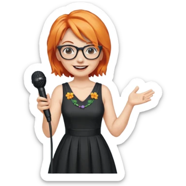 singer, Middle age, orange hair, happy, holding mic, wearing dress, glasses sticker