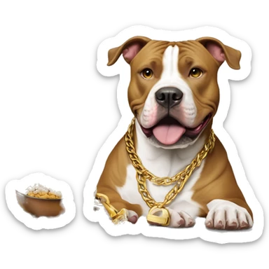 A dog pitbull with a big gold chain on that says “G-UNIT” and a bowl of dog food right next to the dog that says “G-UNIT” on the bowl  sticker