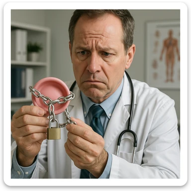 realistic doctor showing a diaphragm locked with a chain, worried expression, realistic details, medical office, no comic elements, hyper realistic style sticker