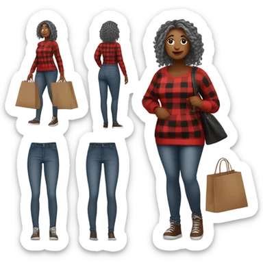 Curvy woman gray locs in pants shopping.  curvy woman is brown with red locs in a skirt with plaid sweater shopping sticker