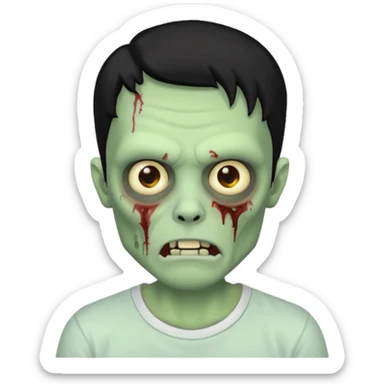 Rosto de frente classico de zombie boca meio torta cabelos pretos no corte low fade com pele verde clara camiseta branca sticker