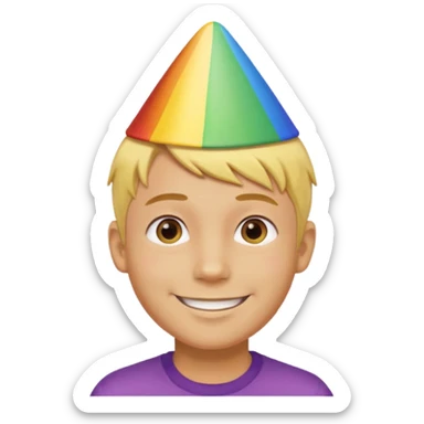Young man, short yellow hair, rainbow birthday hat, happy sticker