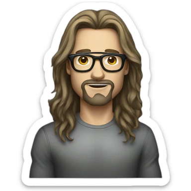 male caucausian designer with long hair and black rimmed glasses, heavy metal sticker