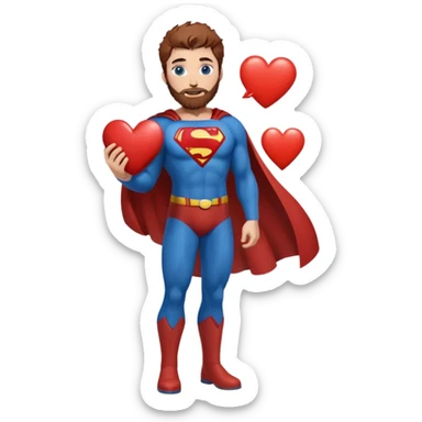 Adult-tall-full body- Superman-with redish brownish messy hair-full neatly trimmed beard-blue eyes-holding a heart  sticker