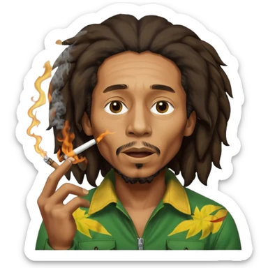 Bob Marley version cartoon fumant un jour de beuh dans la bouche avec beaucoup de fumé et un effet vraiment voyant sur son visage qu’il n’est pas dans son état normal sticker