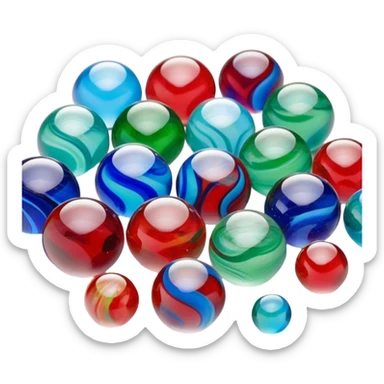 "A close-up view of colorful glass marbles with intricate swirling patterns inside. The marbles are scattered on a smooth surface, reflecting light beautifully. Some are transparent, while others have vibrant colors like blue, green, and red. The scene has a soft, natural lighting that enhances the glossy texture of the marbles sticker