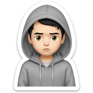 a pretty bratz boy with black hair and a grey hoodie looking sad sticker