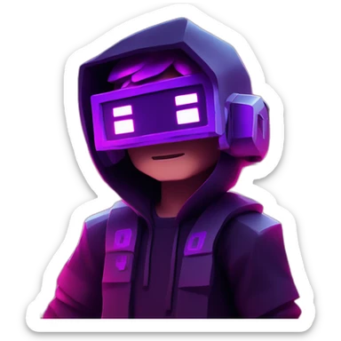 Minecraft steve wearing a black hoodie with "OMG" letters on it and VR headset in a cyberpunk VR environment with violet neon lighting. sticker