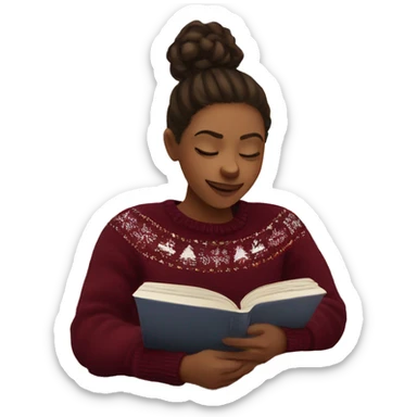 Girl wearing burgundy Christmas jumper reading a book sticker