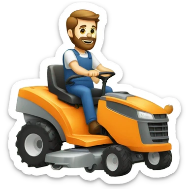 A white man with brown hair and a beard pushing an orange mower sticker