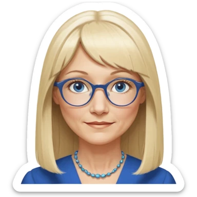 50 yr old white woman, hippie parted very long hair, short bangs, very long straight blond hair, oval face, small smile, blue eyes, thin face, hair downback, hair parted at center of head, round cheeks, pale, longer hair, business dress, long hair, big glasses sticker