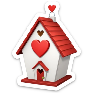 a birdhouse with a red roof with the rest white and a heart at the top but below the roof sticker